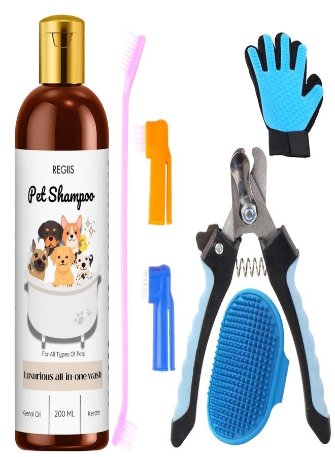 REGIIS Pet Grooming Kit with Shampoo, 200ml All-in-One Wash, Luxury Dog Care Set with Brush, Glove, Nail Clipper, Comb for All Types of Pets(PACK OF 5) - Image 1